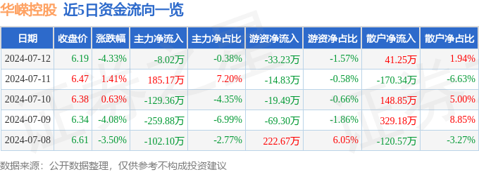 九游体育网站：华嵘控股（600421）7月12日主力资金净卖出802万元(图1)