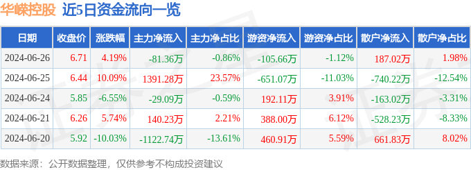 股票行情快报：华嵘控股（600421）6月26日主力资金净卖出8136万元(图1)
