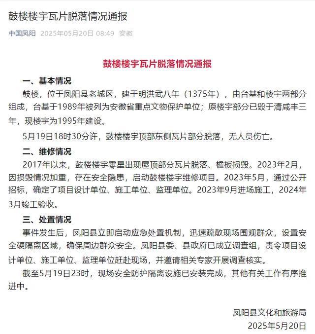 九游体育：凤阳鼓楼瓦片滑落工程质量不容“滑坡”(图2)
